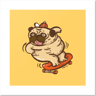 Fat pug playing surf skate Posters and Art